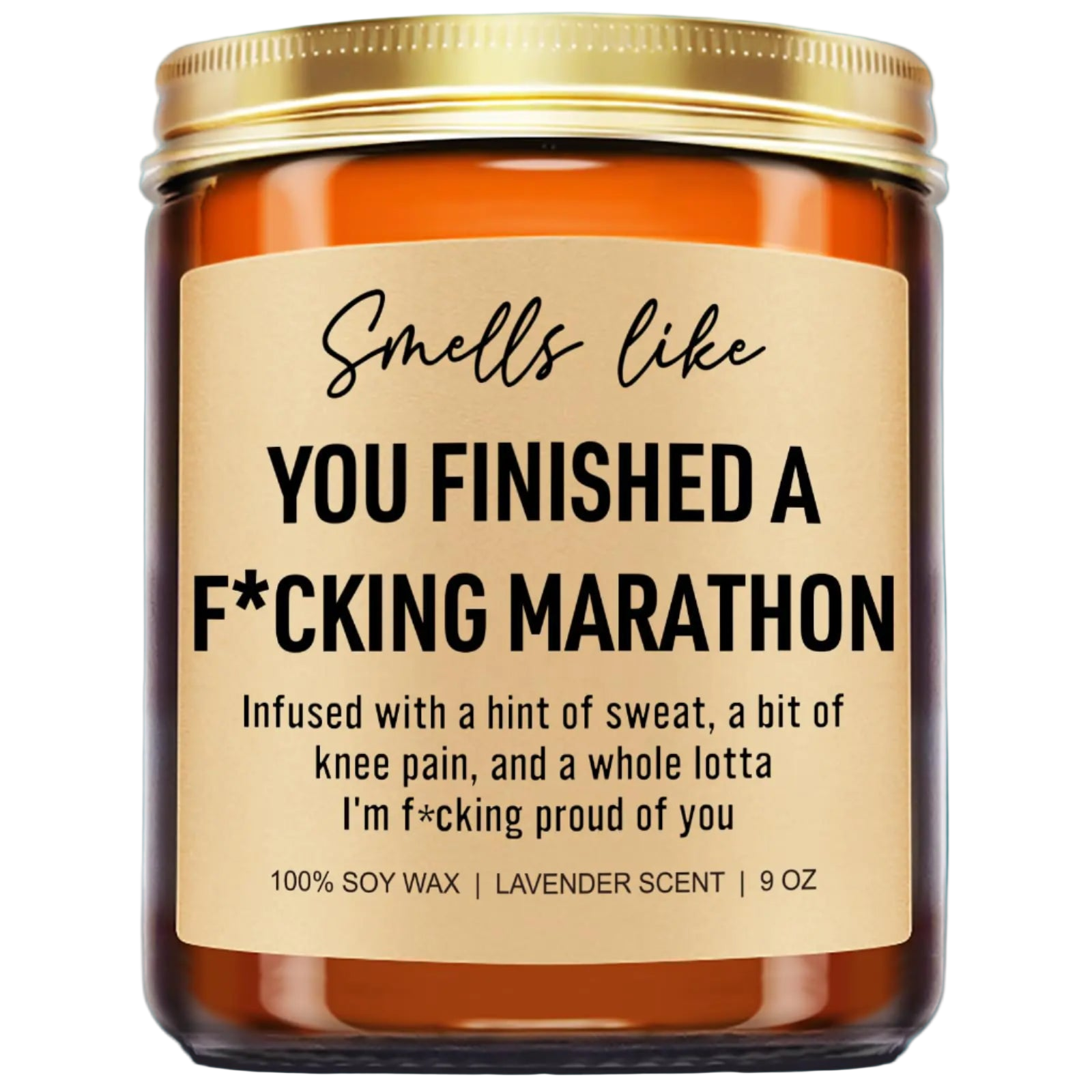 Candle jar with humorous label on a white background