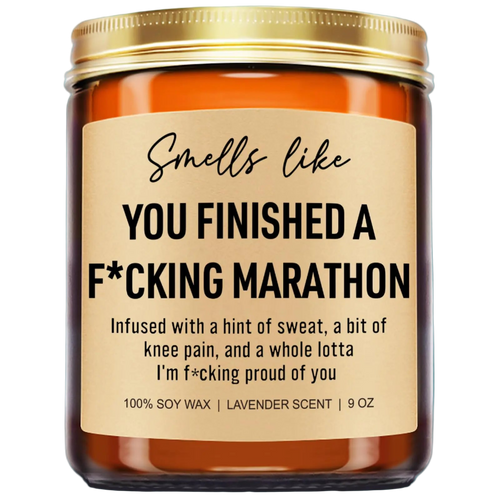 Candle jar with humorous label on a white background
