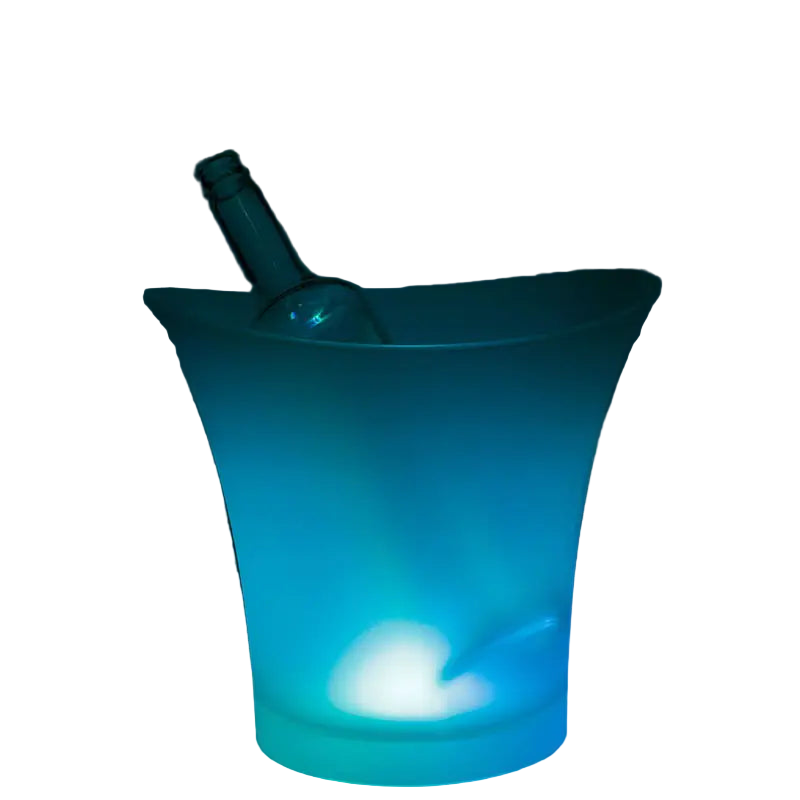 Glowing blue ice bucket with a bottle inside on a dark background