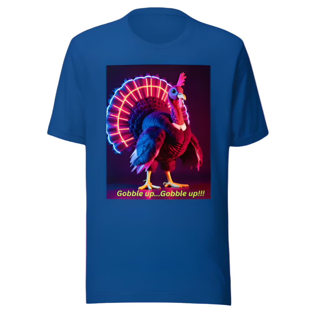 Blue t-shirt with a colorful turkey graphic and text on a white background