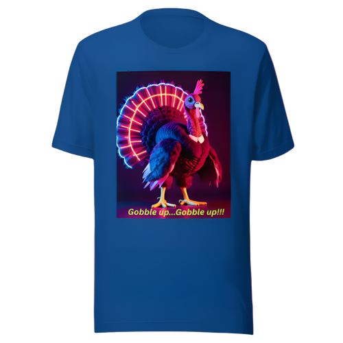 Blue t-shirt with a colorful turkey graphic and text on a white background