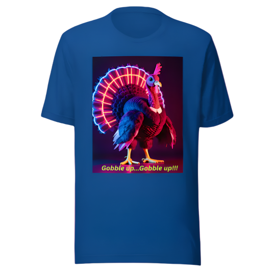 Blue t-shirt with a colorful turkey graphic and text on a white background