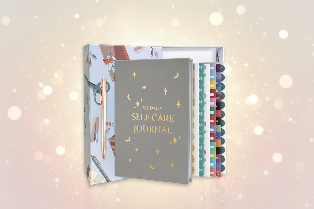 Self-care journal with colorful tabs and a pencil on a white background