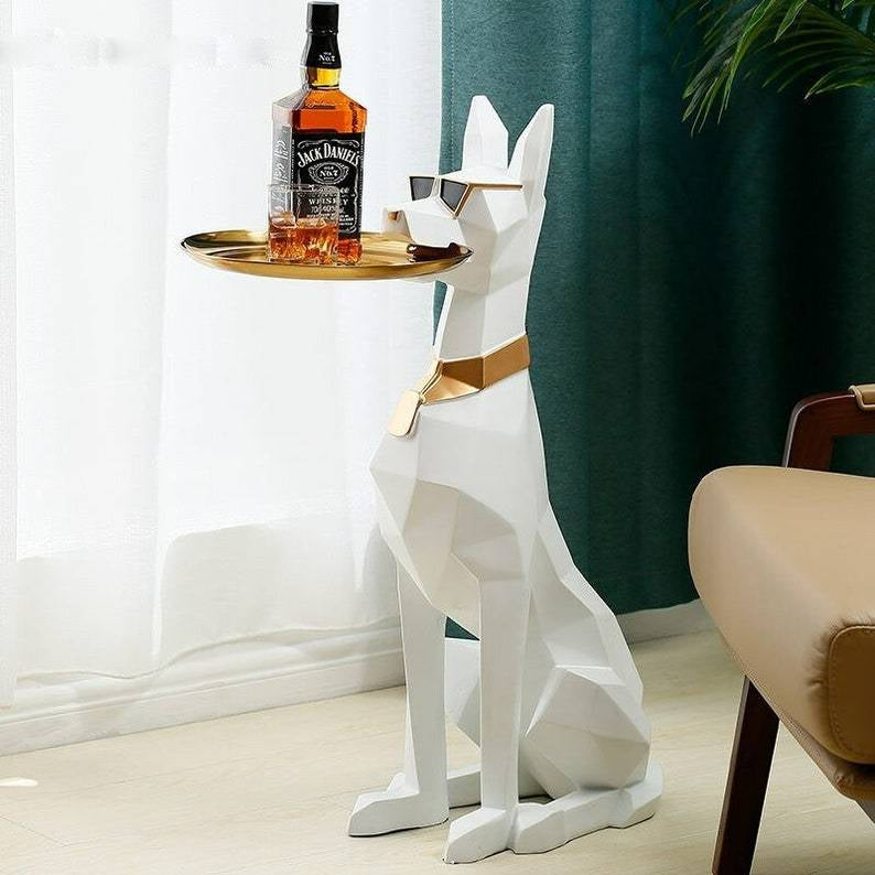 White deer-shaped side table with a bottle of Jack Daniel's on a tray in a room setting.