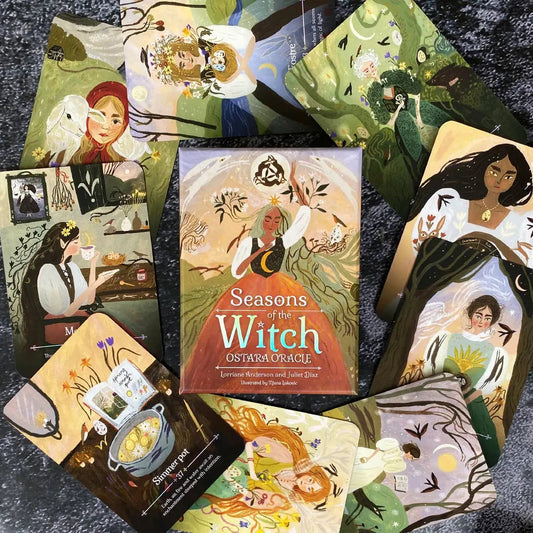 Collection of 'Seasons of the Witch' oracle cards on a textured surface