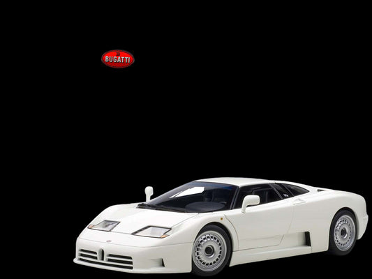 White Bugatti model car on a white background with Bugatti logo.