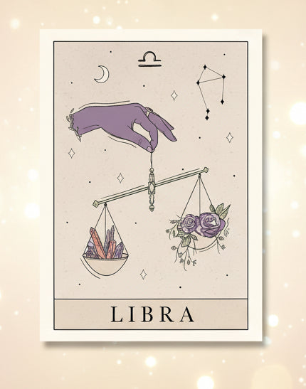 Libra zodiac sign illustration with scales, flowers, and celestial elements on a beige background.