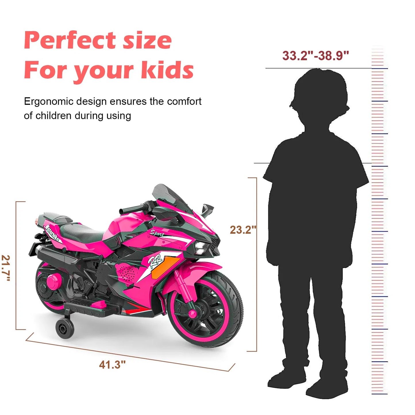 Pink toy motorcycle with measurements and a silhouette of a child for scale on a white background.