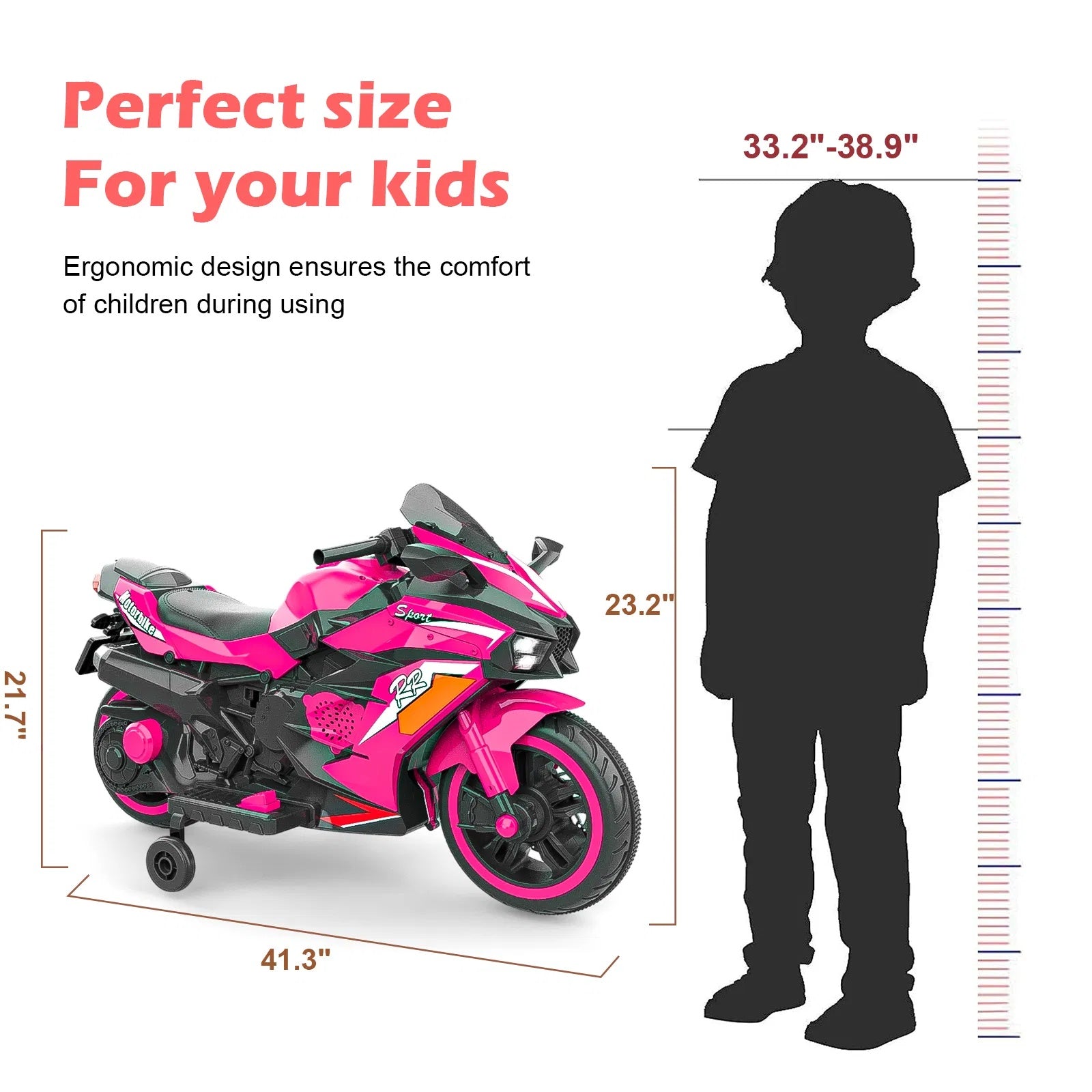 Pink toy motorcycle with measurements and a silhouette of a child for scale on a white background.