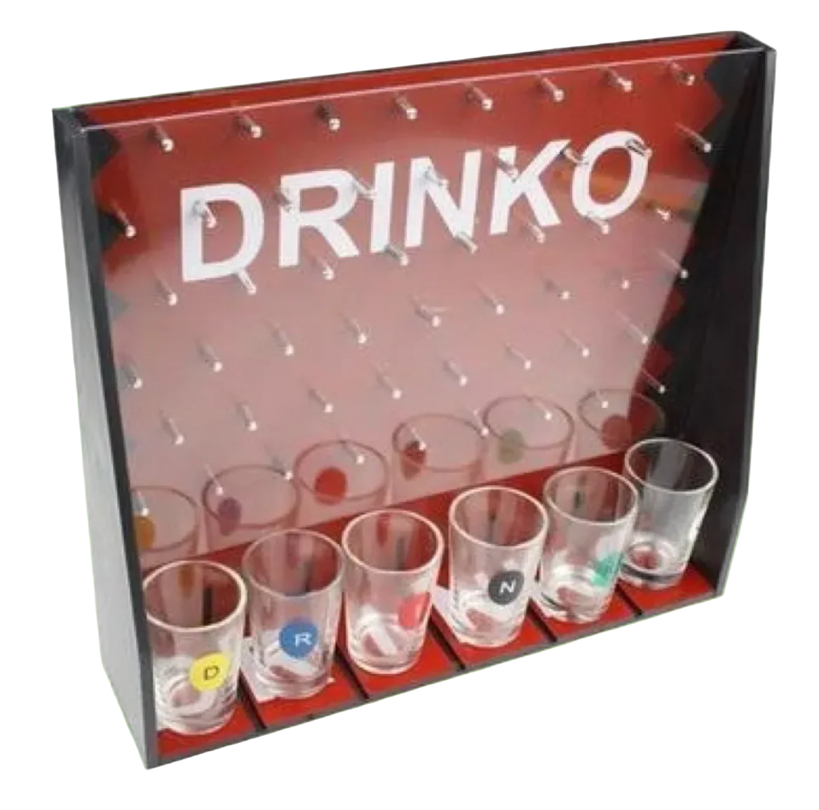 DRINKO game set with shot glasses and a display stand