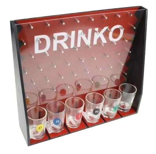 DRINKO game set with shot glasses and a display stand