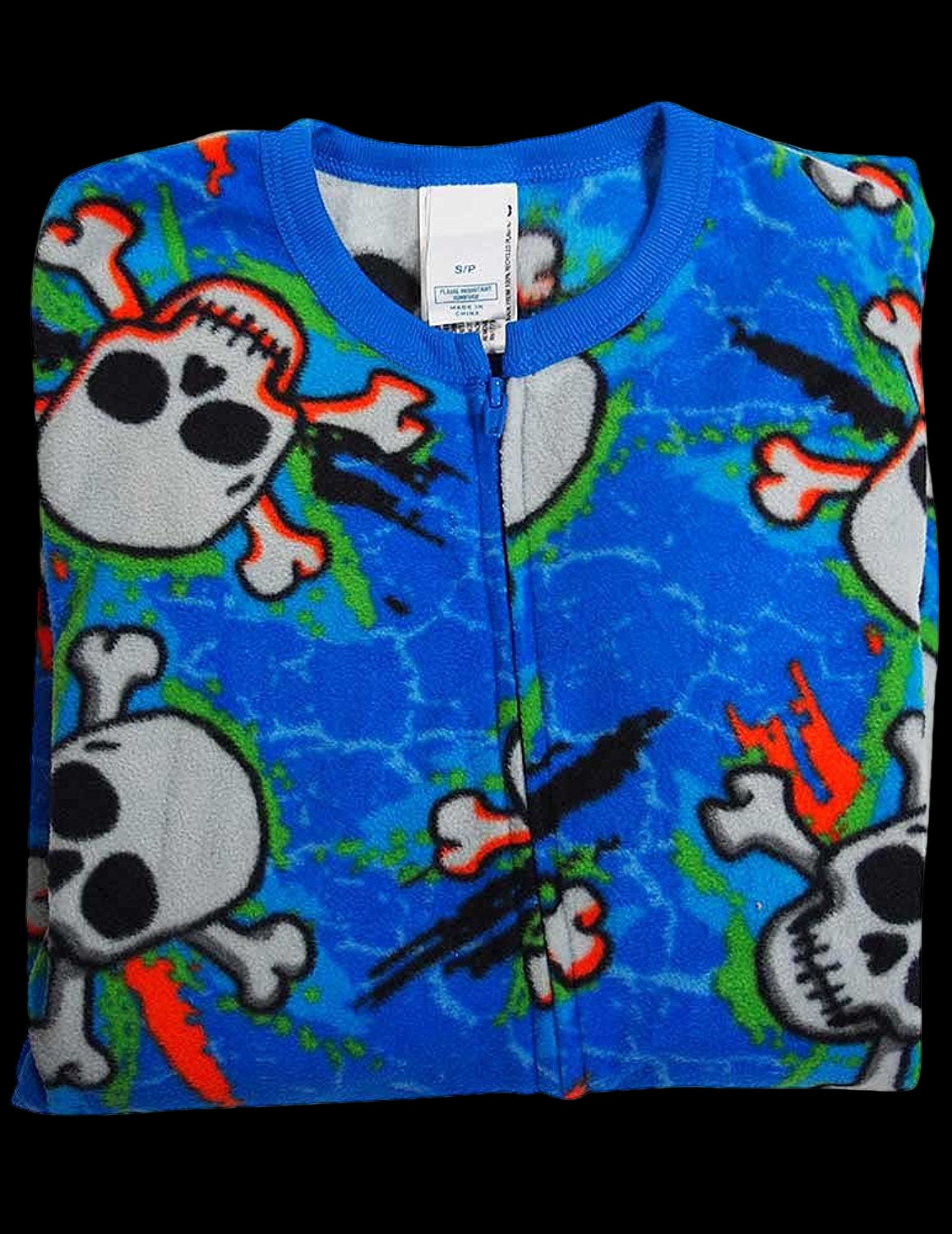 Children's fleece vest with skull and crossbones pattern on a blue background