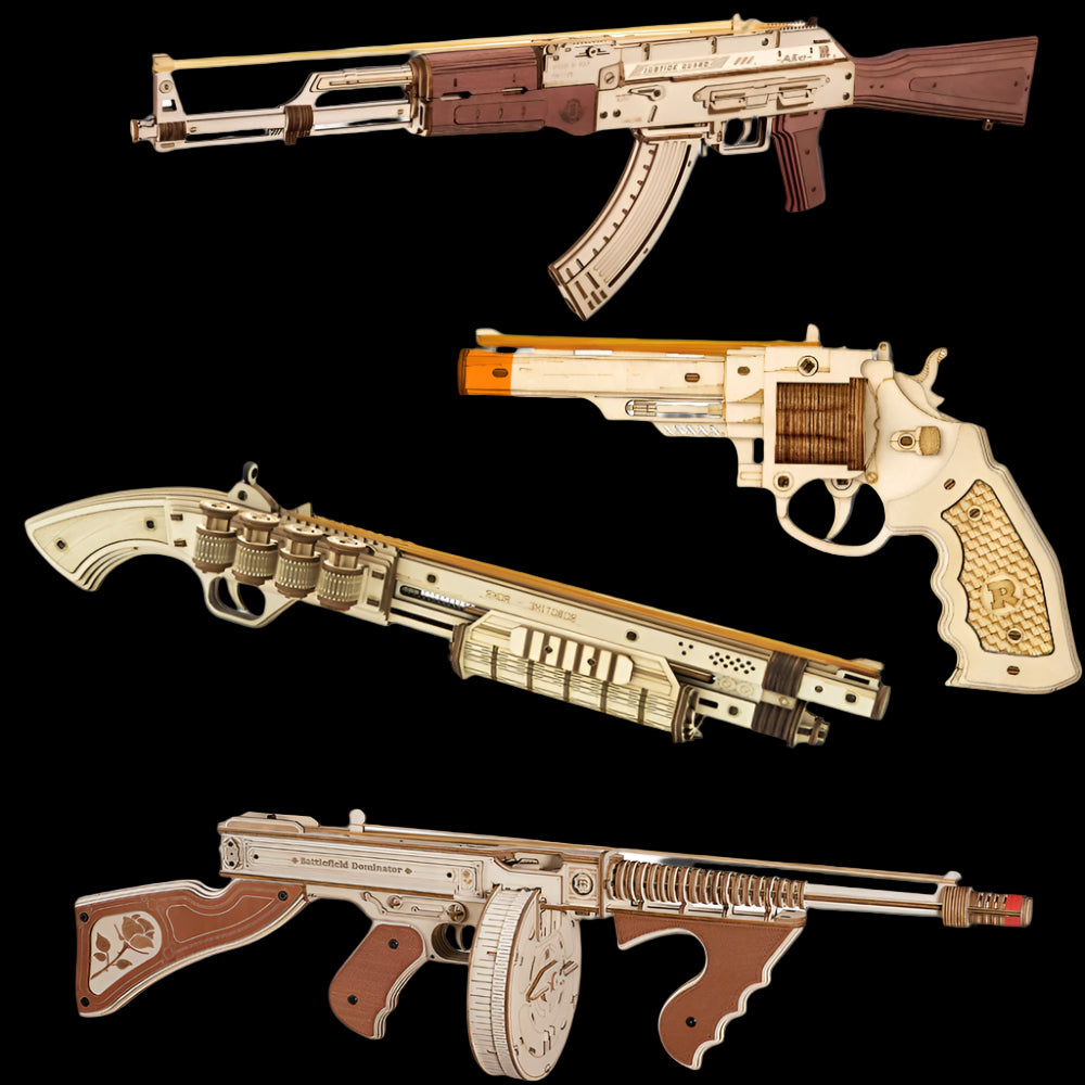Four wooden gun models on a white background