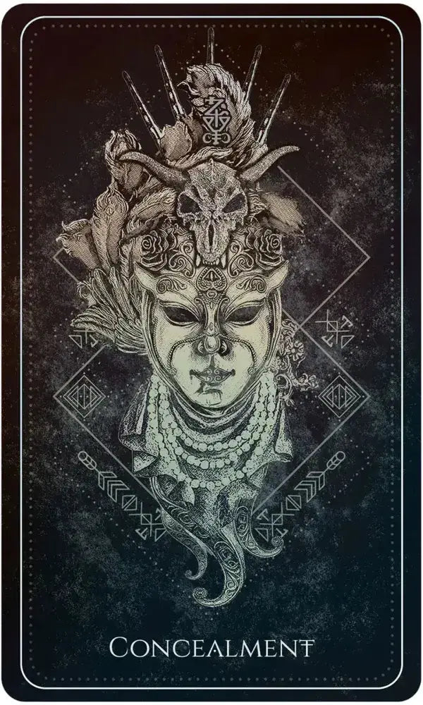 Decorative card with a mask design and the word 'Concealment' on a dark background