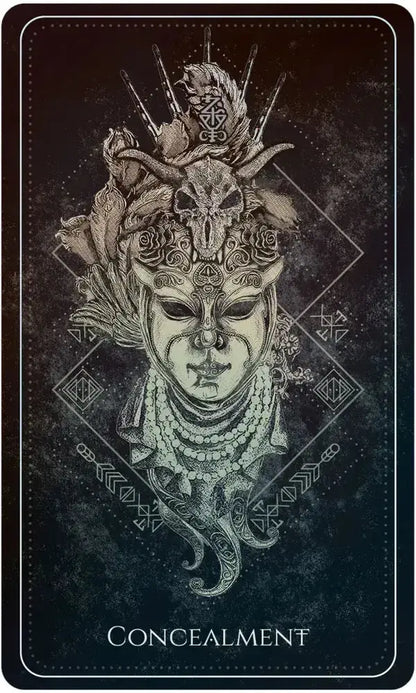 Decorative card with a mask design and the word 'Concealment' on a dark background