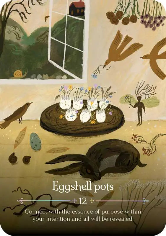 Illustration of eggshell pots on a table with nature elements and text.