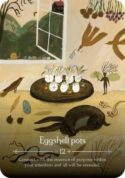 Illustration of eggshell pots on a table with nature elements and text.