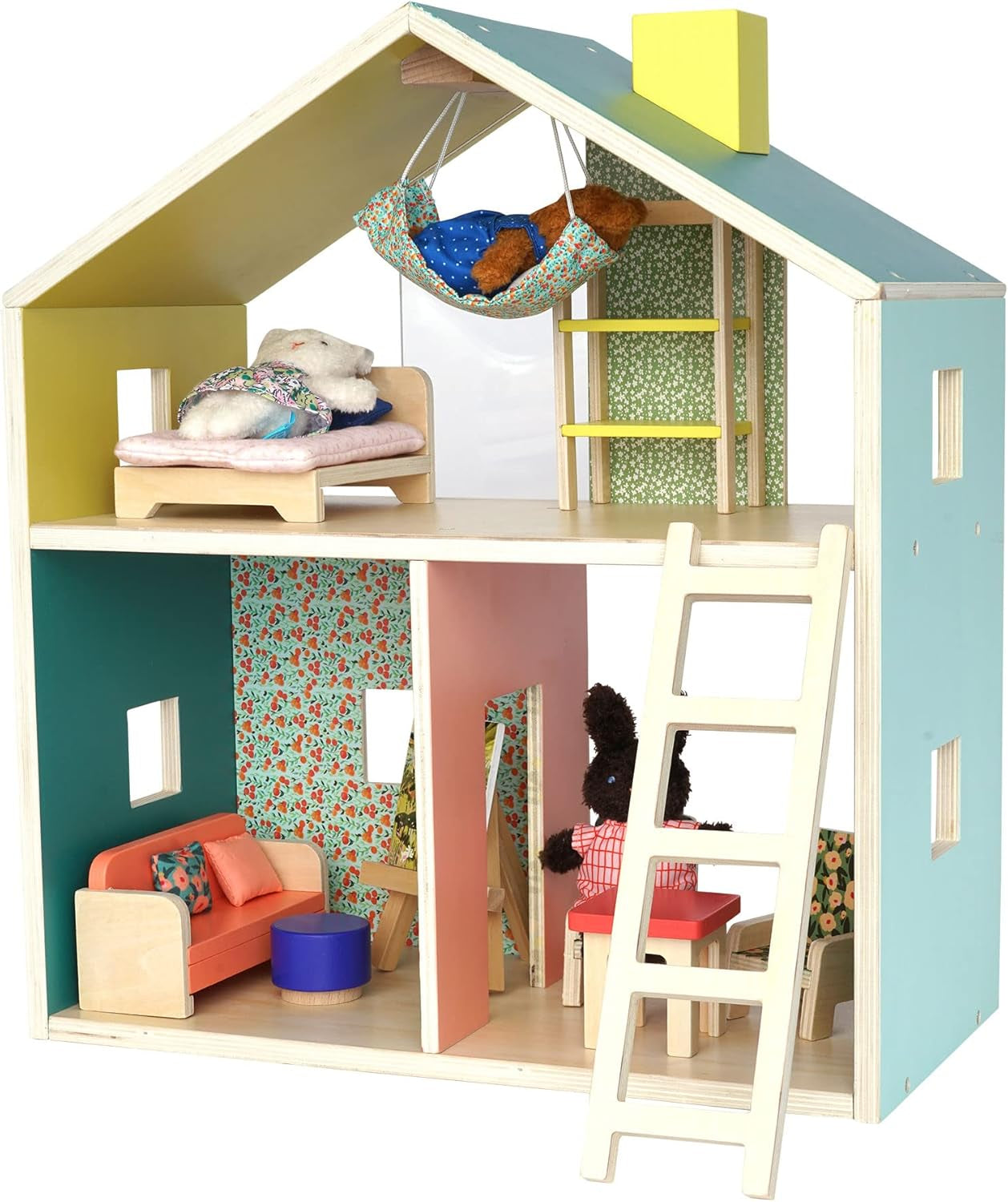 Colorful dollhouse with furniture and accessories on a white background