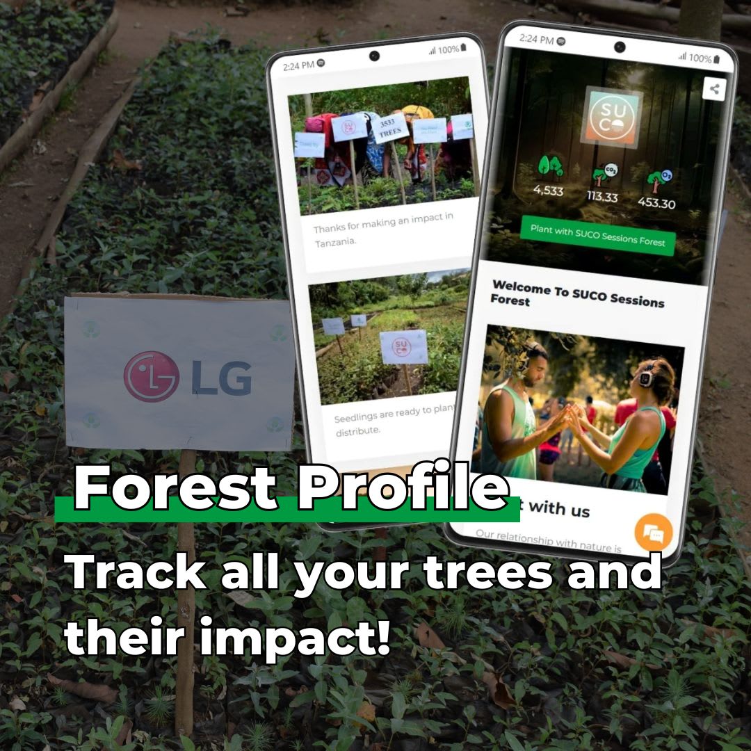 Two smartphones displaying a forest management app with an LG logo in the background.