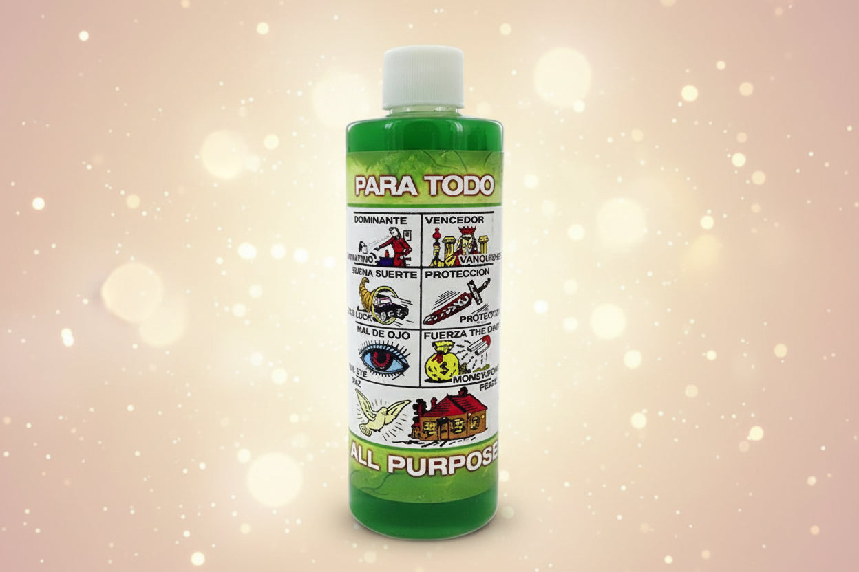 Green bottle with a colorful label featuring various symbols and text.