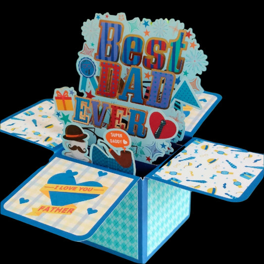 Pop-up card with 'Best Dad Ever' text and decorative elements on a light background.