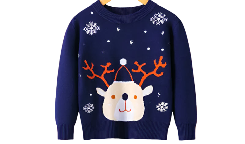 Navy blue sweater with reindeer design on a white background