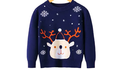 Navy blue sweater with reindeer design on a white background