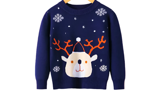 Navy blue sweater with reindeer design on a white background