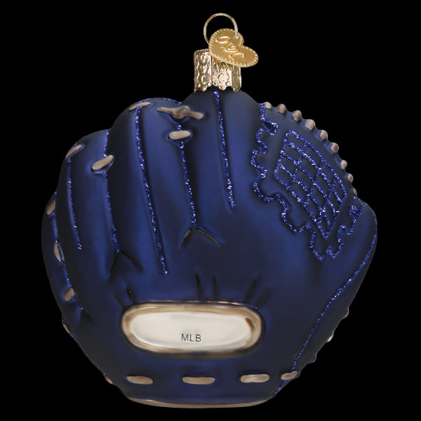 Blue baseball glove ornament with MLB logo on a white background