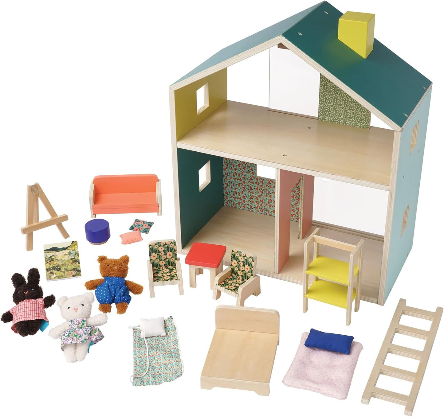 Dollhouse with furniture and toys on a white background