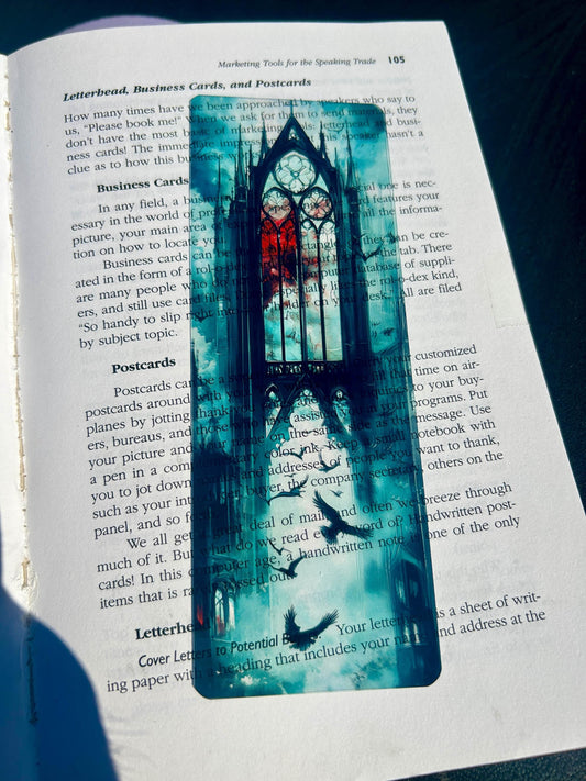 Gothic cathedral and ravens bookmark with stained glass and misty skies | dark fantasy gothic art - Lucky Girl Gifts