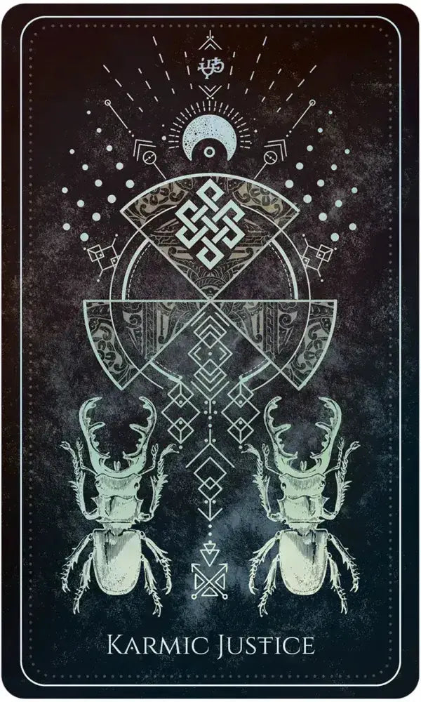 Card with beetle design and 'Karmic Justice' text on a dark background