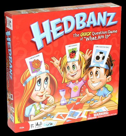 Hedbanz board game box with cartoon characters and red background