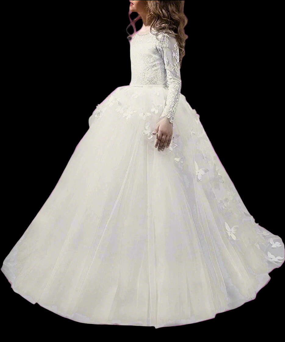 White wedding dress with long sleeves and floral details on a white background