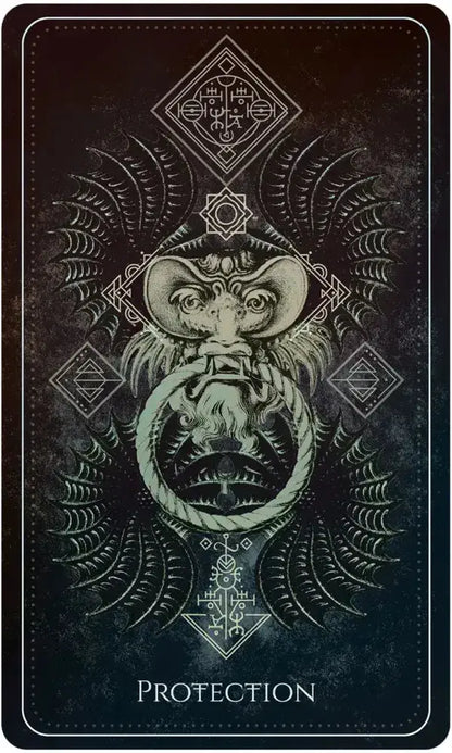 Card with a dragon design and 'Protection' text on a dark background