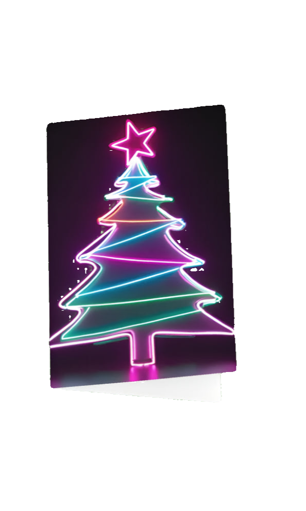 Neon Christmas tree design on a black card blank inside.