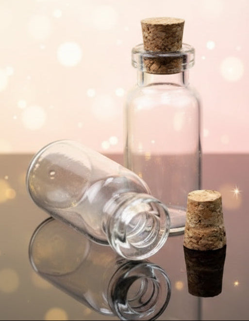 Two clear glass bottles with cork stoppers on a black background