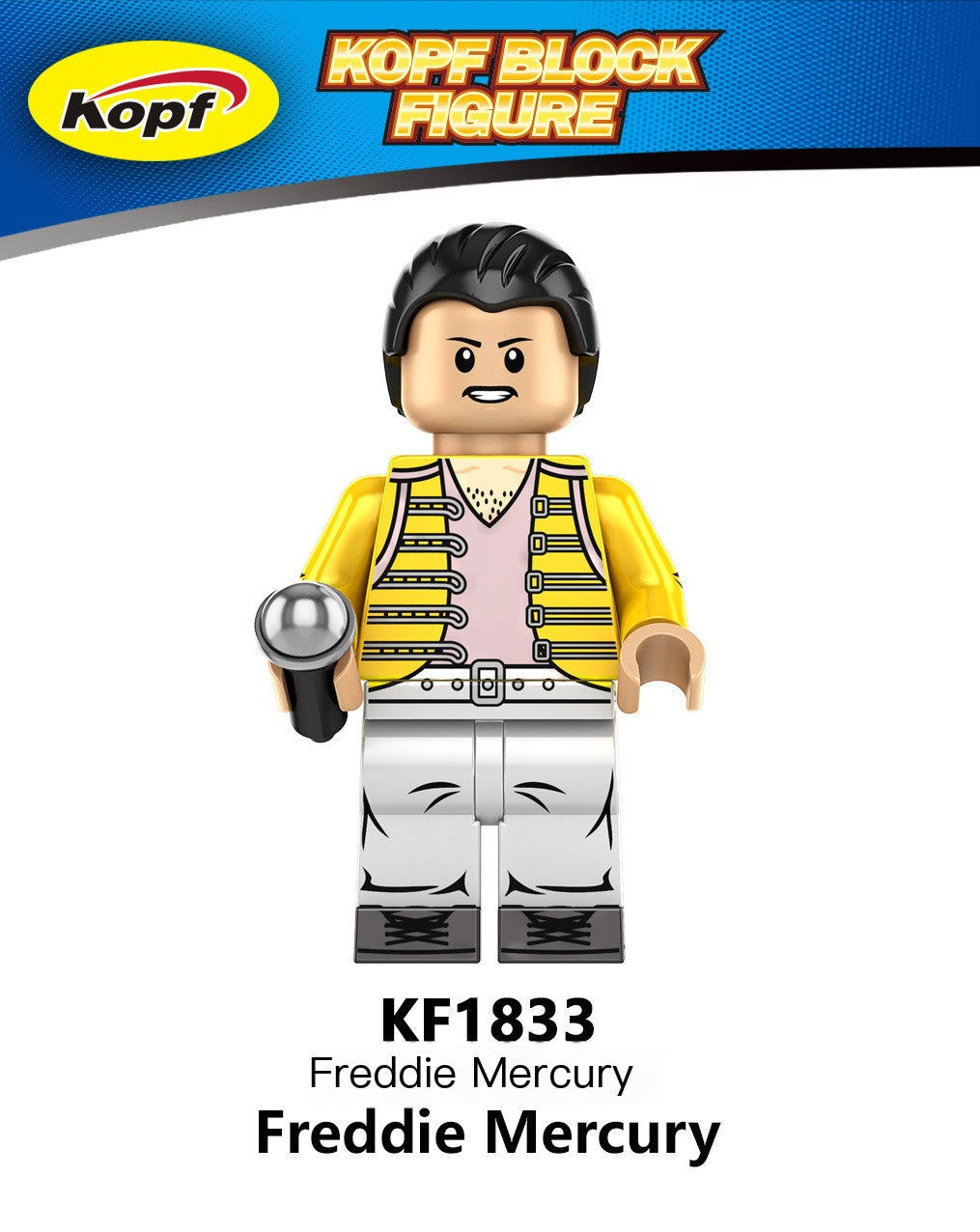 Freddie Mercury figure with yellow jacket and black hair, holding a microphone, on a white background with Kopf branding.