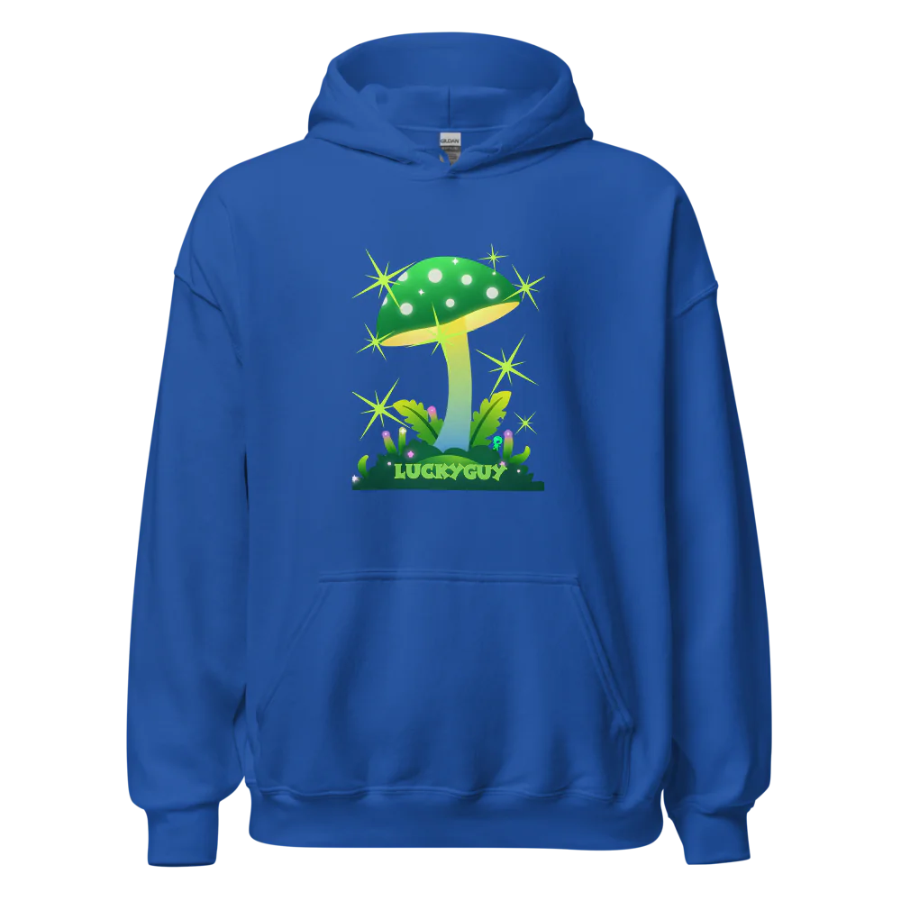 Blue hoodie with a green mushroom graphic on a white background