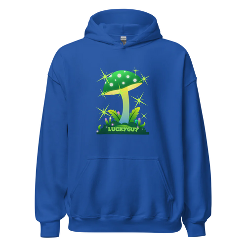 Blue hoodie with a green mushroom graphic on a white background