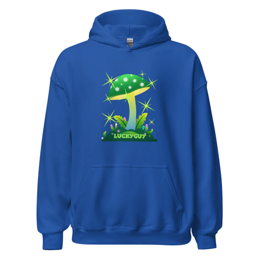 Blue hoodie with a green mushroom graphic on a white background