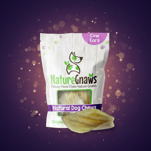 Nature Gnaws natural dog chews packaging with a cow ear visible