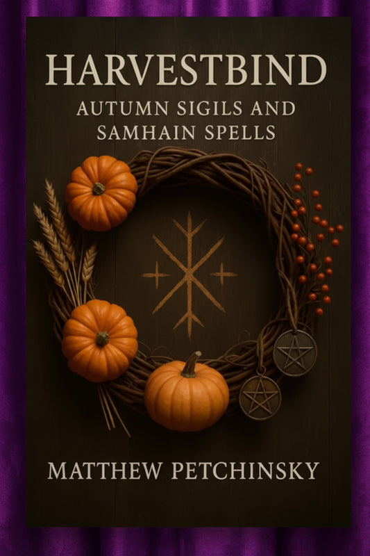 Book cover of 'Harvestbind' with pumpkins and a wreath on a dark background