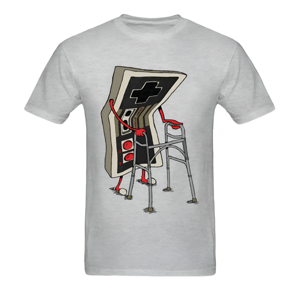 Gray t-shirt with a graphic design of a video game controller and chair on a white background