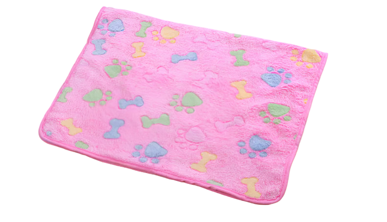 Pink pet blanket with colorful paw and bone patterns on a white background