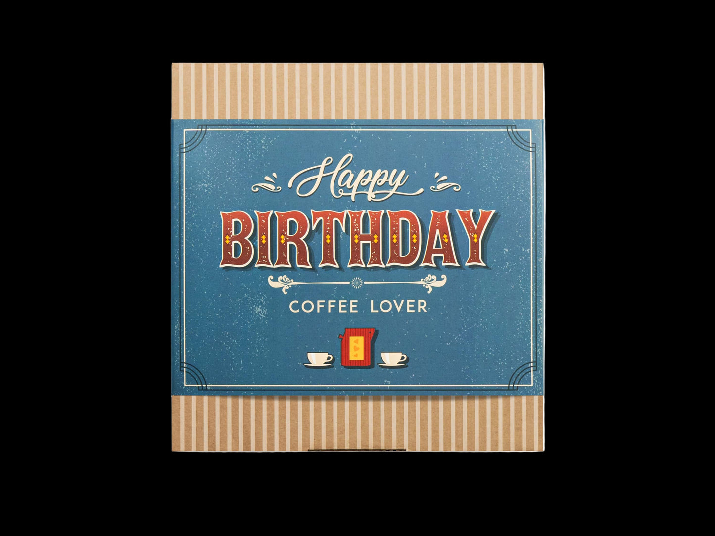 Greeting card with 'Happy Birthday Coffee Lover' text on a blue background