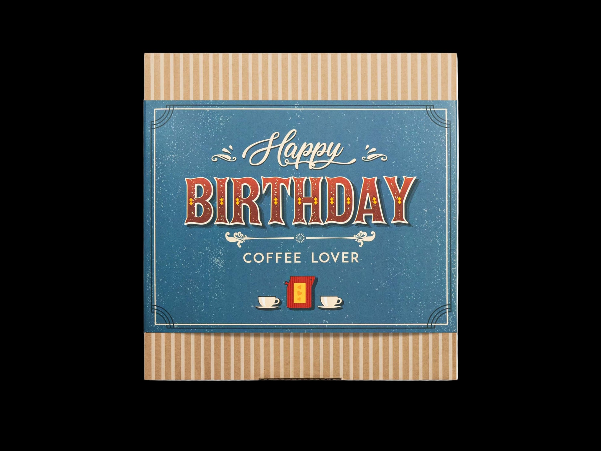 Greeting card with 'Happy Birthday Coffee Lover' text on a blue background