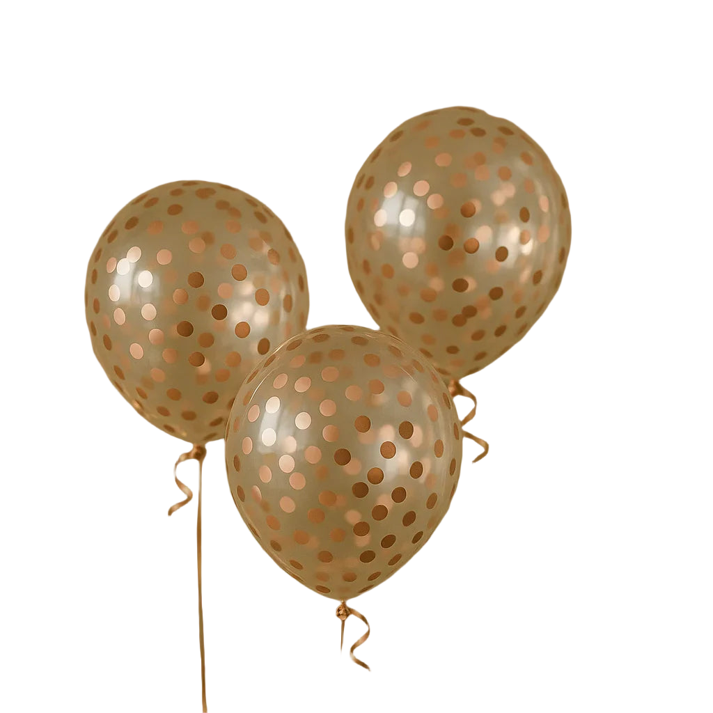 Three gold polka dot balloons against a gold confetti and banner background