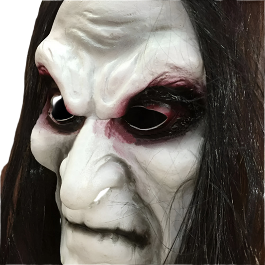 Close-up of a person wearing a detailed mask with dark hair.