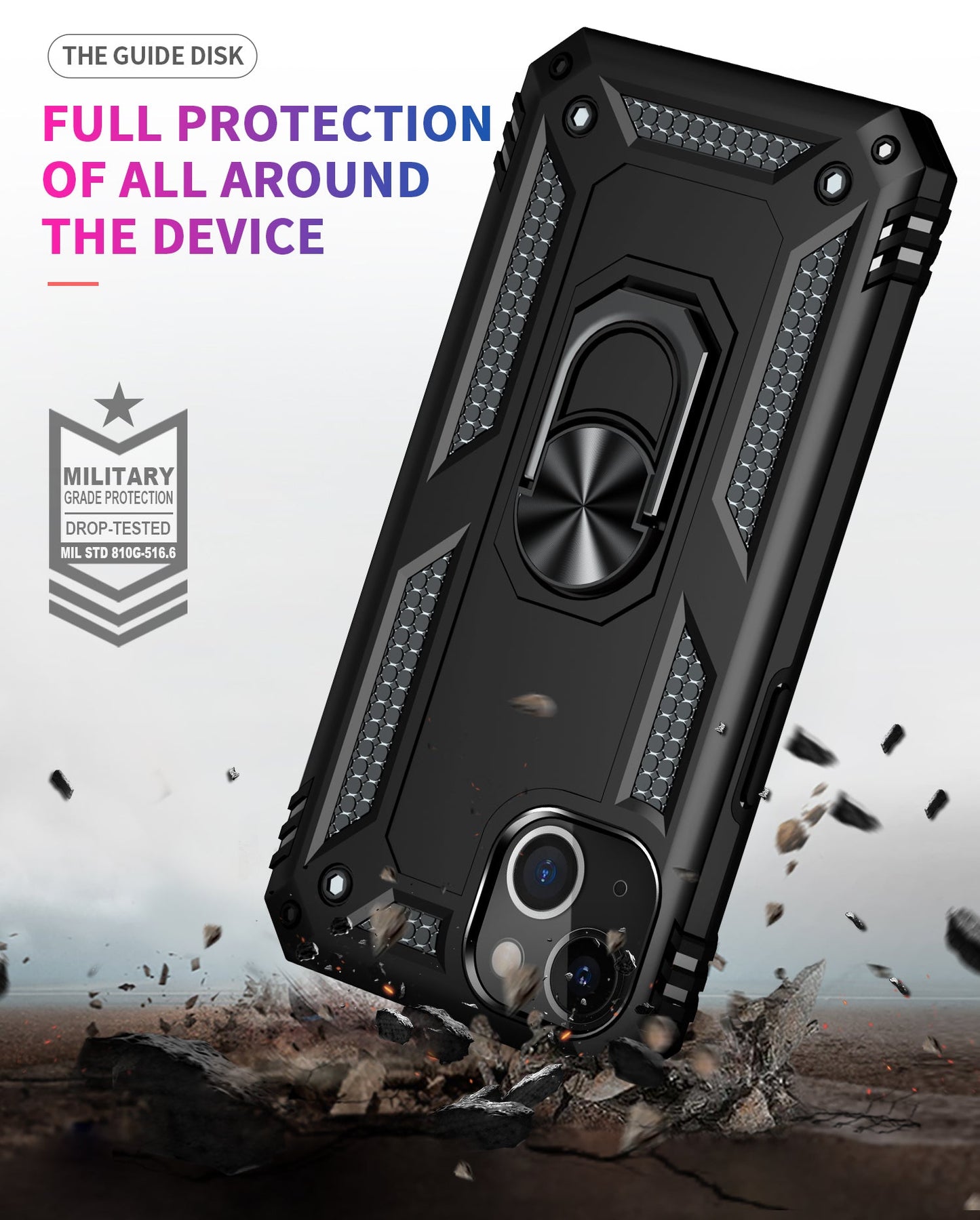 Rugged phone case with military-grade protection features on a gray background